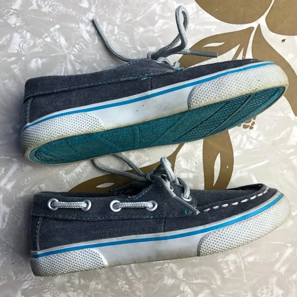Children's Place Gray White Blue Canvas Slip On Tie Double Eye Boat Loafer Shoes